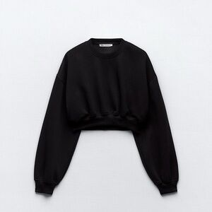 ZARA Basic Crop Sweatshirt Black Cotton Blend Long Sleeve Womens M Sporty Casual